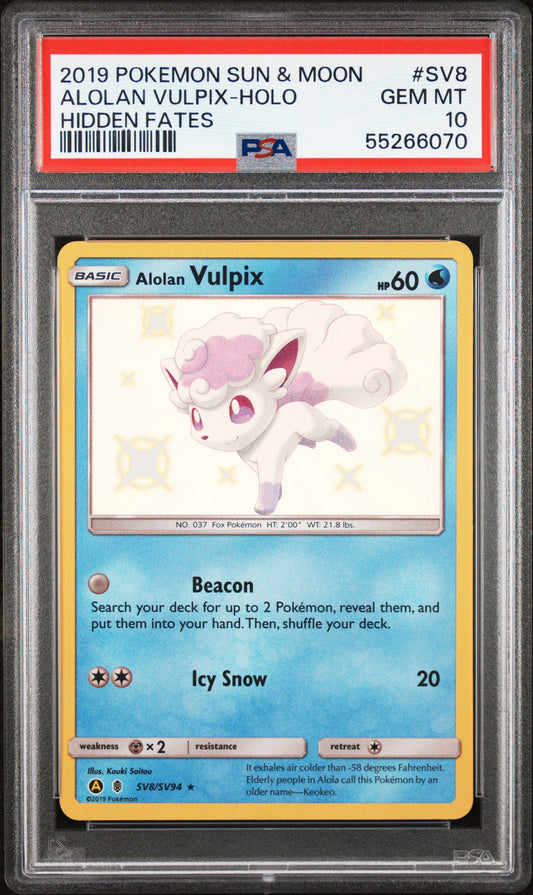 2019 POKEMON SUN & MOON HIDDEN FATES #SV8 ALOLAN VULPIX-HOLO HIDDEN FATES PSA 10