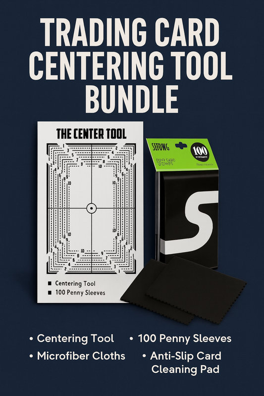 Trading Card Centering Tool Bundle – Includes Centering Grid, Cleaning Cloths, Pad & 100 Penny Sleeves | Grading Prep Kit